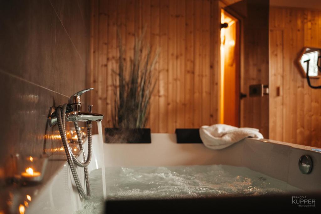 a bathroom with a bath tub with a shower at Le Bonheur de la Cascade 24 pers - Malmedy, wellness, jardin, confort in Malmedy