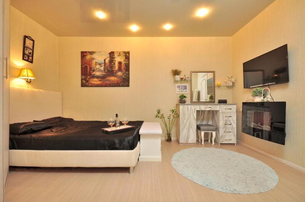 een slaapkamer met een bed en een televisie in een kamer bij Апартаменти на Новоолександрівській in Charkov