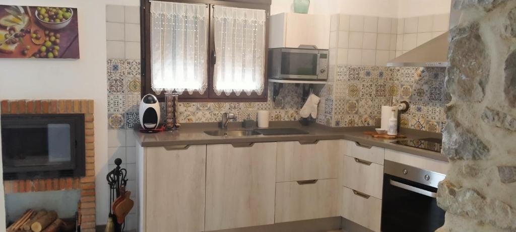 cocina con fregadero y microondas en VTAR Casa del AOVE, en Baeza