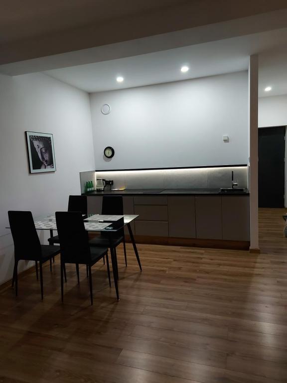 a large projection screen in a room with a table and chairs at Apartamenty Lawendowy Zakątek 5 in Opole