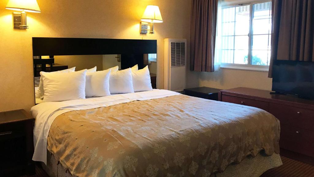 Habitación de hotel con cama grande con almohadas blancas en Pacific Heights Inn en San Francisco