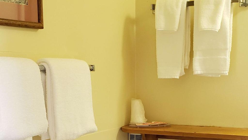 a bathroom with white towels hanging on the wall at Windmill Inn Lynden in Lynden