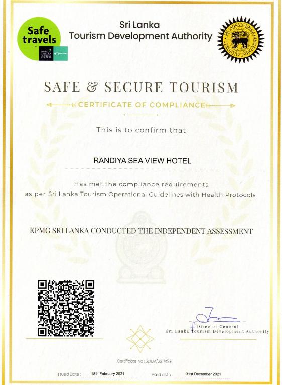 Certifikát, hodnocení, plakát nebo jiný dokument vystavený v ubytování Randiya Sea View Hotel