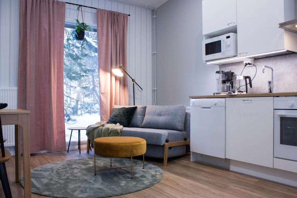 pequeña sala de estar con sofá y cocina en Studio 7, Air-conditioned, 1 free parking, calm own entrance, en Jyväskylä