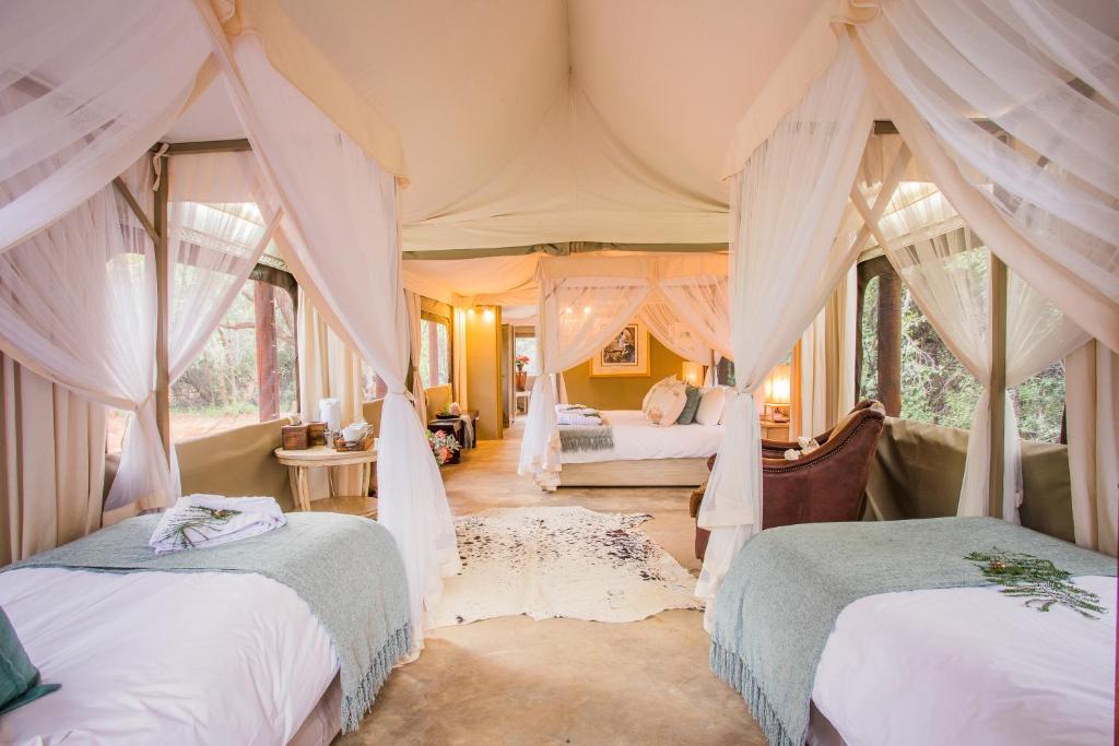a bedroom with two beds and curtains in a room at Zwartkloof Adventures Tented Camp in Bela-Bela