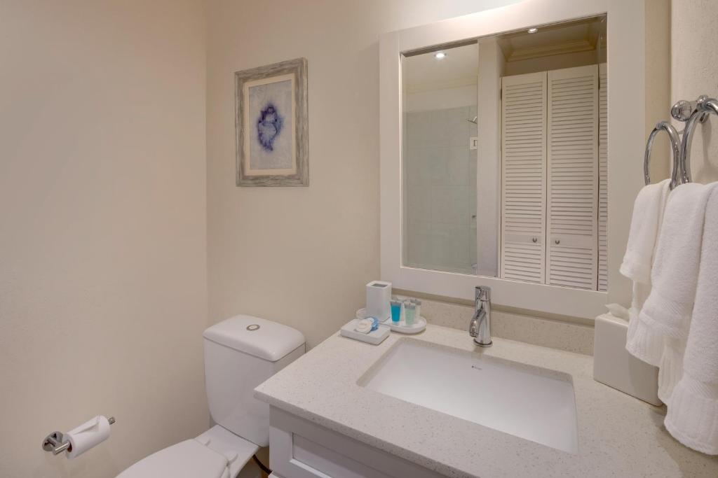 a bathroom with a toilet and a sink and a mirror at Beach View Hotel in Saint James