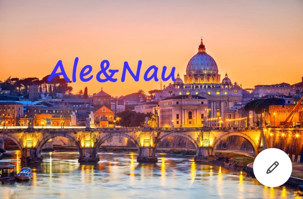 un paisaje urbano de un puente sobre un río con las palabras alda max en Ale e Nau en Roma