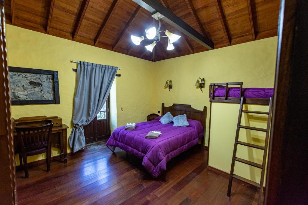 Un dormitorio con una cama con sábanas moradas y una escalera en Casa Rural Abuelo Ramón, en Vallehermoso