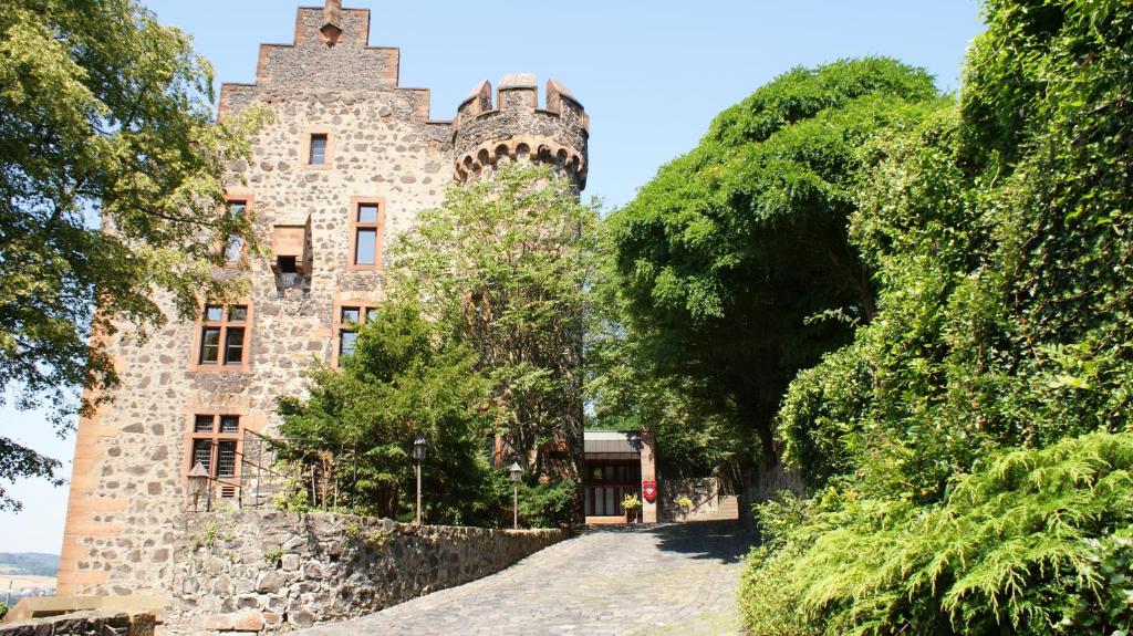 an old stone castle with trees in front of it at Hotel Burg Staufenberg in Staufenberg