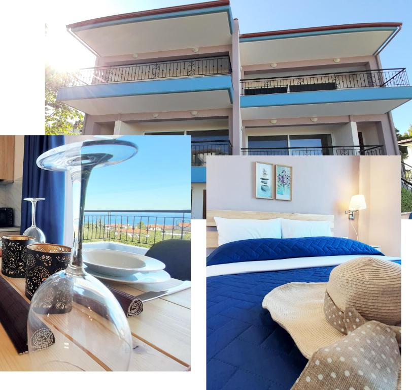 a collage of two pictures of a hotel room at Manos Philoxenia in Kriopigi