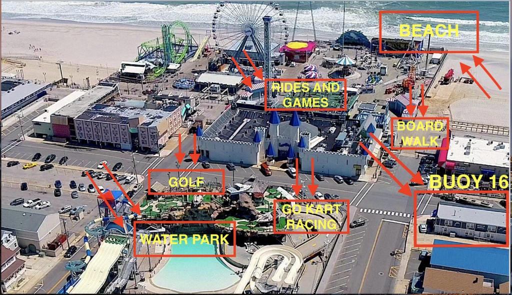 a map of a beach with a ferris wheel at Buoy 16 Motel by the Beach in Seaside Heights