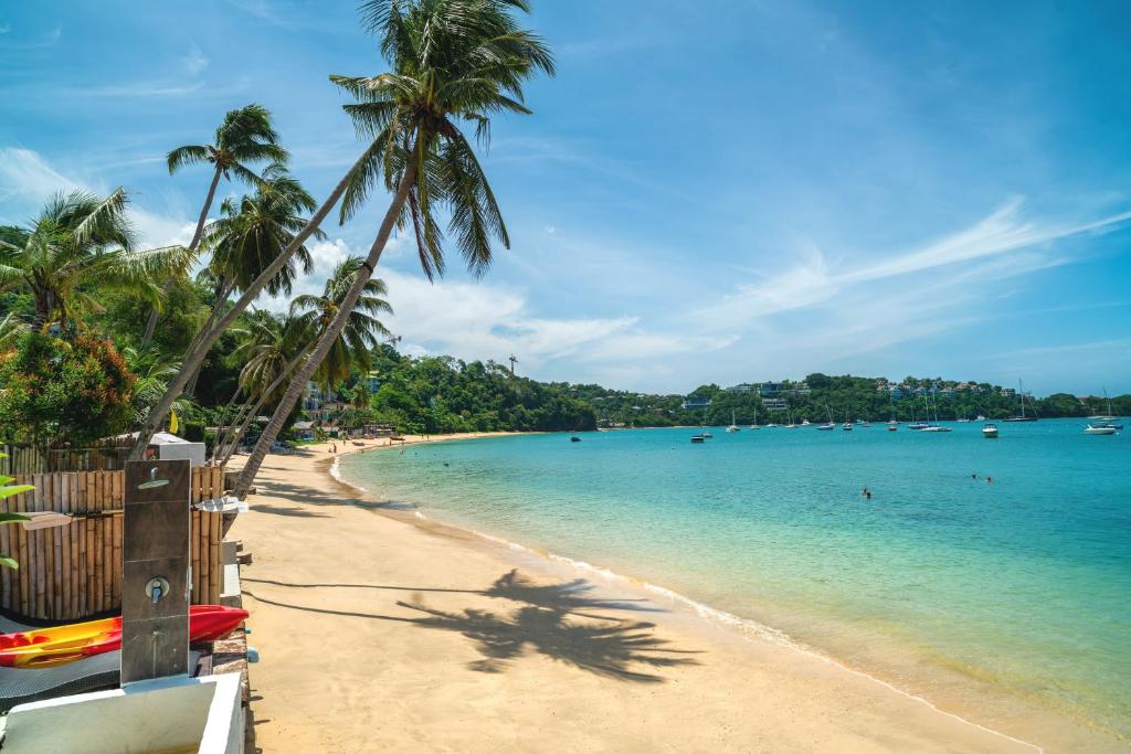 a beach with palm trees and people in the water at Dreambeach 2-villas in Panwa Beach