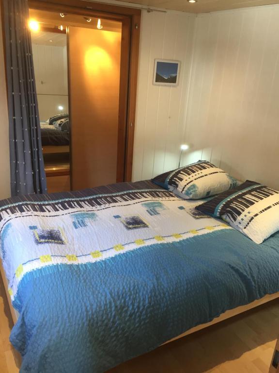 1 cama con edredón azul en un dormitorio en Appartement Beauchocty, en Evolène