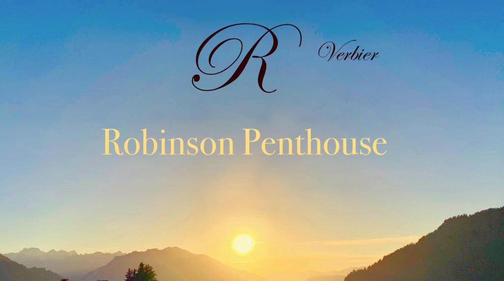 un logo pour une roniination permrise avec un coucher de soleil dans l'établissement New, Luxurious and Central Art Penthouse, à Verbier