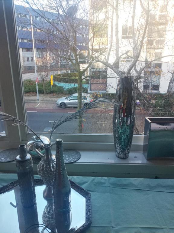 a window with two vases on a window sill at ETAGE voor 1-2 pers in NIJMEGEN-Centrum in Nijmegen