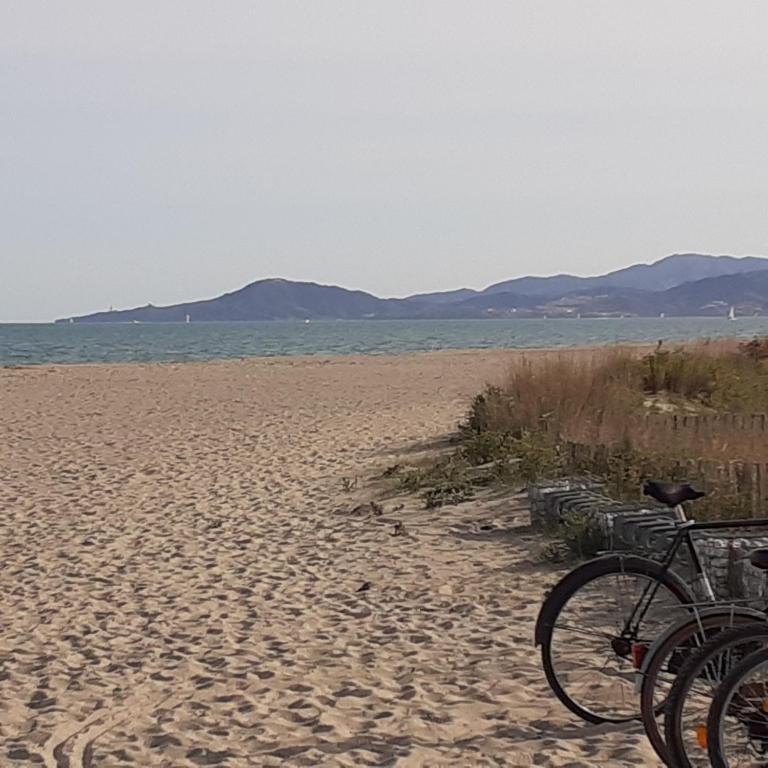 a bike parked on a sandy beach near the water at Appartement avec terrasse in Saint-Cyprien-Plage