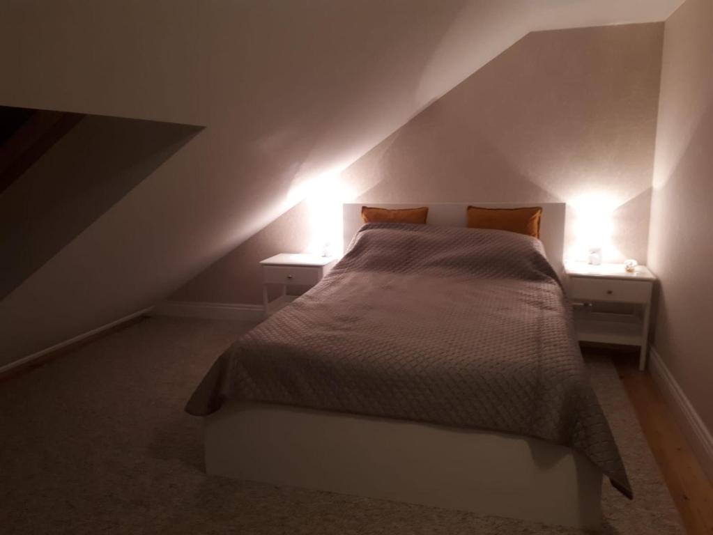 a bedroom with a bed and two night stands with lights at Apartament Morskie Wzgórze II in Mechelinki