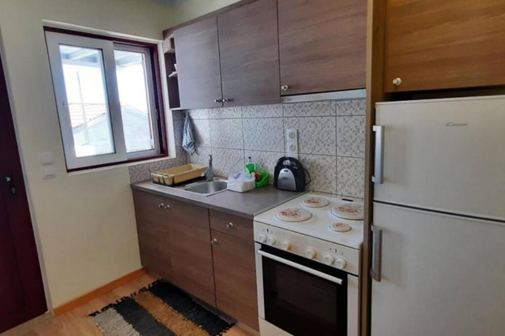a kitchen with a stove and a refrigerator at Manto Apartments Lefkada in Évyiros