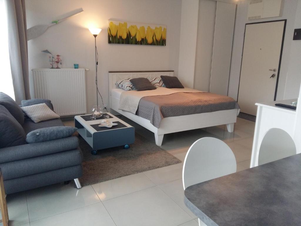 - une chambre avec un lit, un canapé et une table dans l'établissement Gracja Horyzont-apartament z parkingiem, à Międzyzdroje