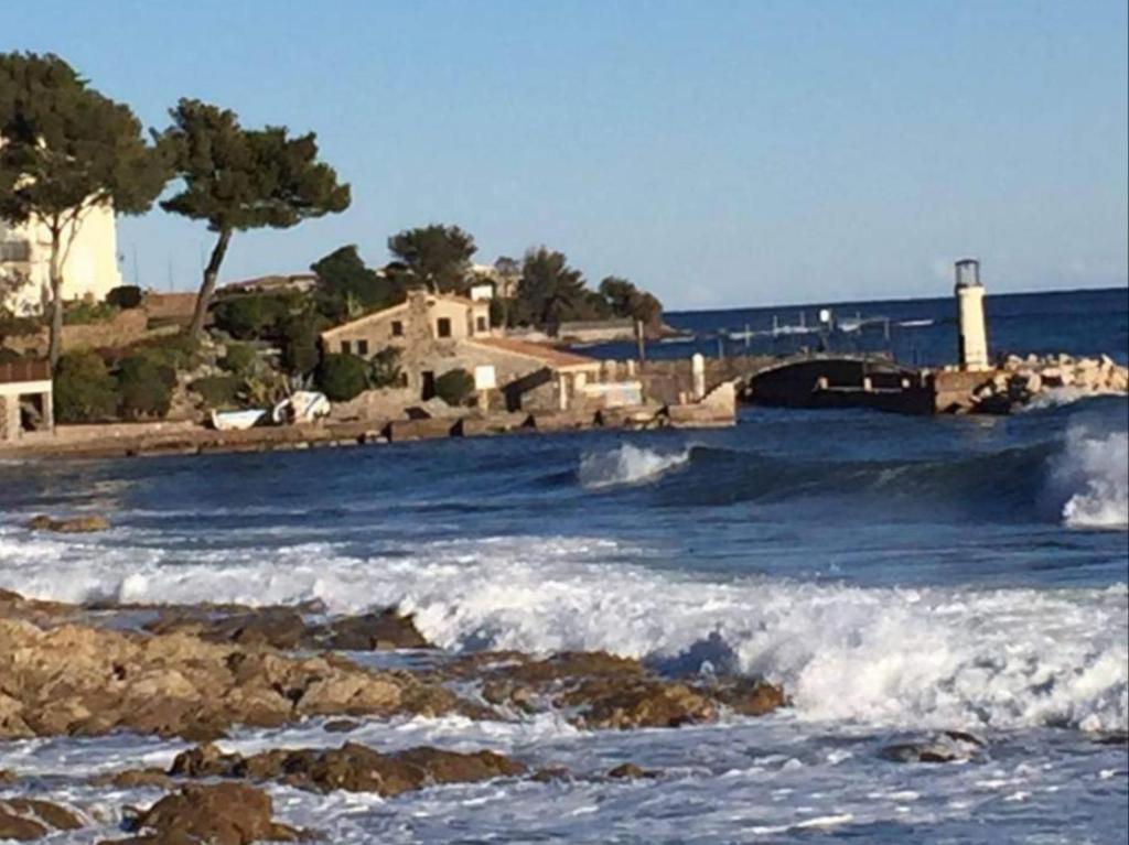 une masse d'eau avec vagues, bâtiments et arbres dans l'établissement sylvie, au Plan-de-la-Tour