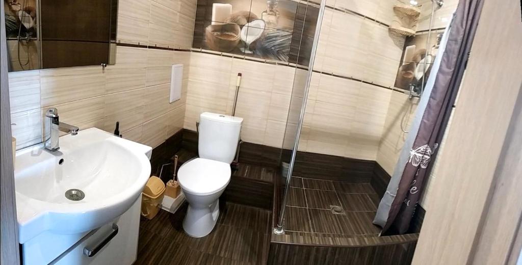 een badkamer met een wit toilet en een wastafel bij Квартири подобово Івано-Франківська Nice apartments for booking in Ivano-Frankivsʼk