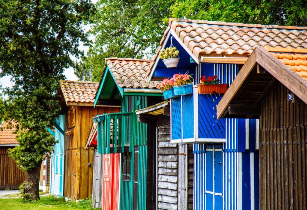 a row of colorful houses with flower boxes on them at Entre bassin et océan in Lège-Cap-Ferret
