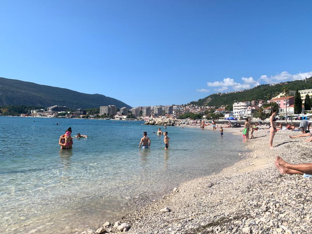 un grupo de personas en el agua en una playa en Apartment Topla, en Herceg-Novi