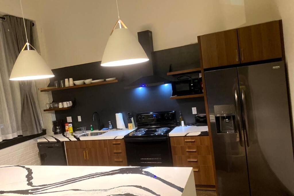 uma cozinha com um frigorífico de aço inoxidável e duas luzes em 3E-*New* 3 min to Hillman Cancer Center, Sleeps 6 em Pittsburgh