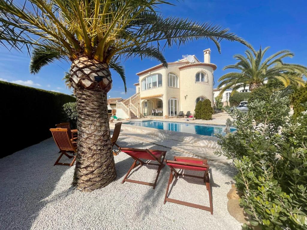 a palm tree and chairs next to a house at VILLA STRELITZIA WITH PRIVATE POOL & AMAZING VIEW in Calpe