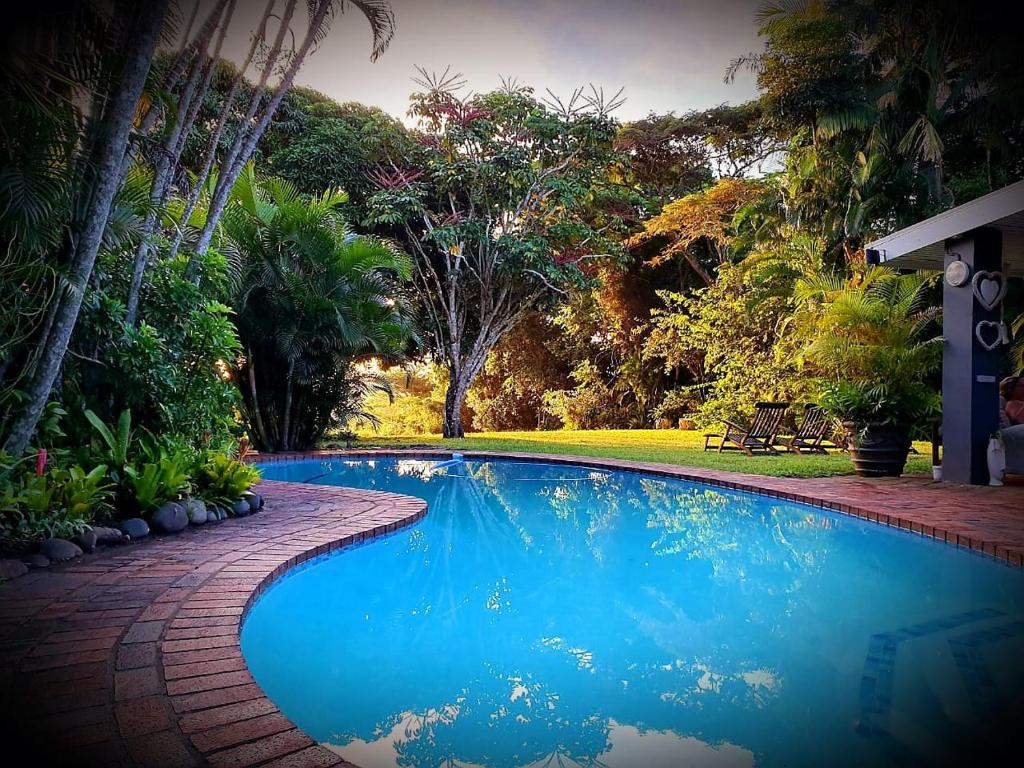 a blue swimming pool with a brick walkway and trees at St Lucia Kingfisher Lodge in St Lucia