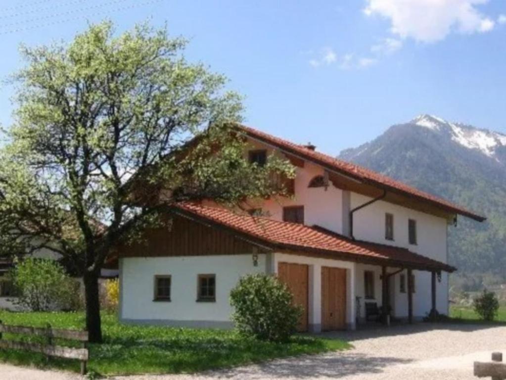 une maison blanche avec un arbre et une montagne dans l'établissement Haus Georg Noichl, à Marquartstein