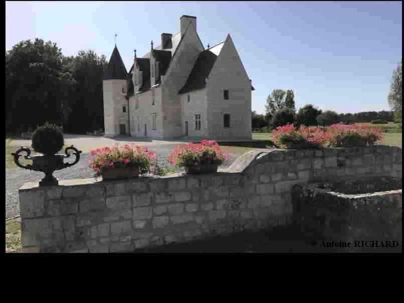 a castle with a stone wall and flowers at Manoir de Chandoiseau in Les-Trois-Moutiers