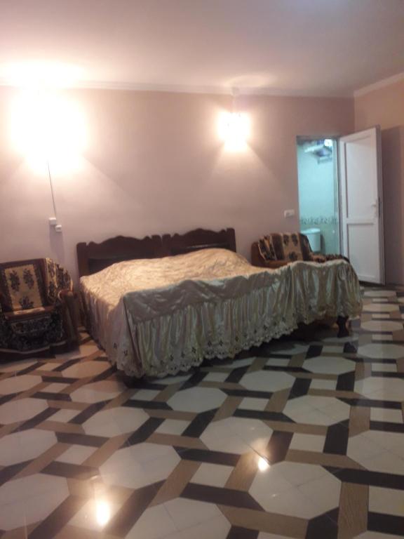 a bedroom with a bed and a checkered floor at House by the river in Martvili