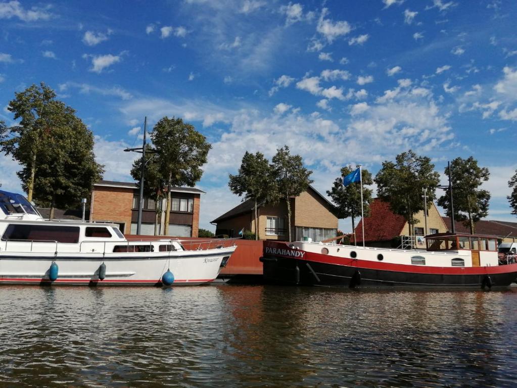 twee boten zijn aangemeerd in het water naast huizen bij Vakantiehuis Bloemmolenkaai in Diksmuide