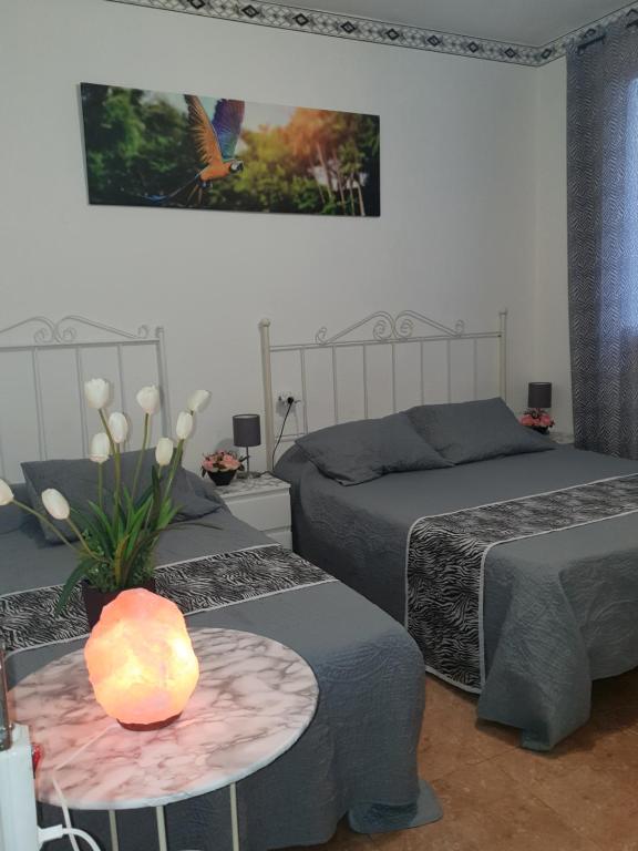 1 dormitorio con 2 camas y mesa con lámpara en Hostal Diaz, en Madrid