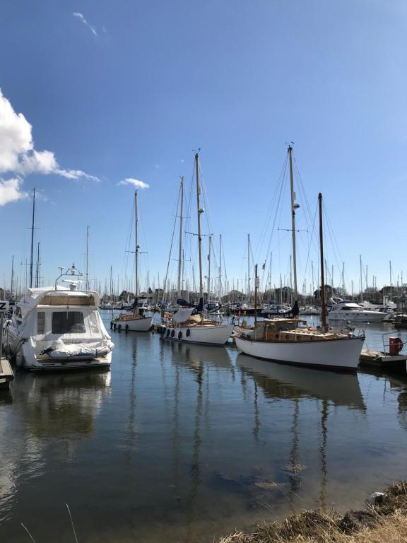 a bunch of boats docked in a harbor at Linden House in West Wittering