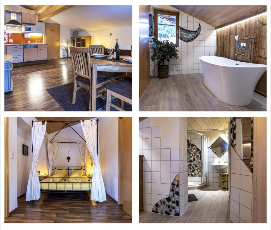 a collage of four pictures of a kitchen and a bathroom at Haus Alpenblick in Ehrwald