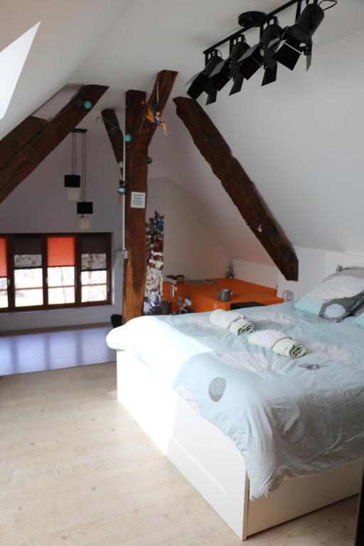 - une chambre avec un lit blanc et des poutres en bois dans l'établissement Suite Lanfon - Le Clos des Frasses, à Chainaz-les-Frasses