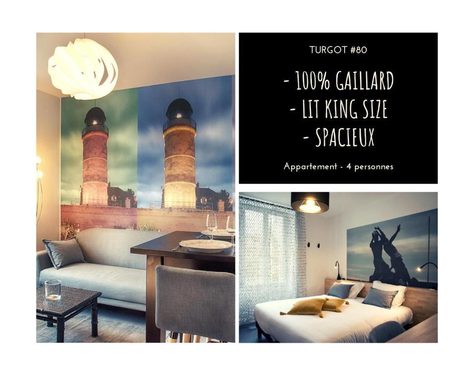 eine Collage mit Fotos eines Wohnzimmers mit einem Leuchtturm in der Unterkunft TURGOT #80 - L'Appart. 100% Gaillard - 2 chambres in Brive-la-Gaillarde