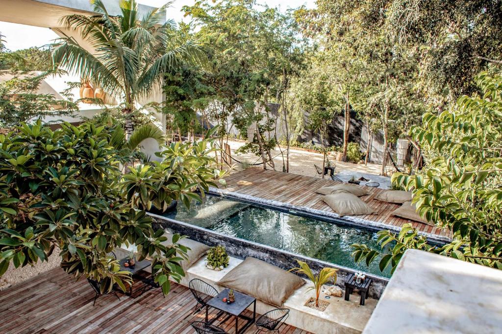 una vista aérea de una piscina con sillas y árboles en Villa in La Veleta for 16 guests, en Tulum