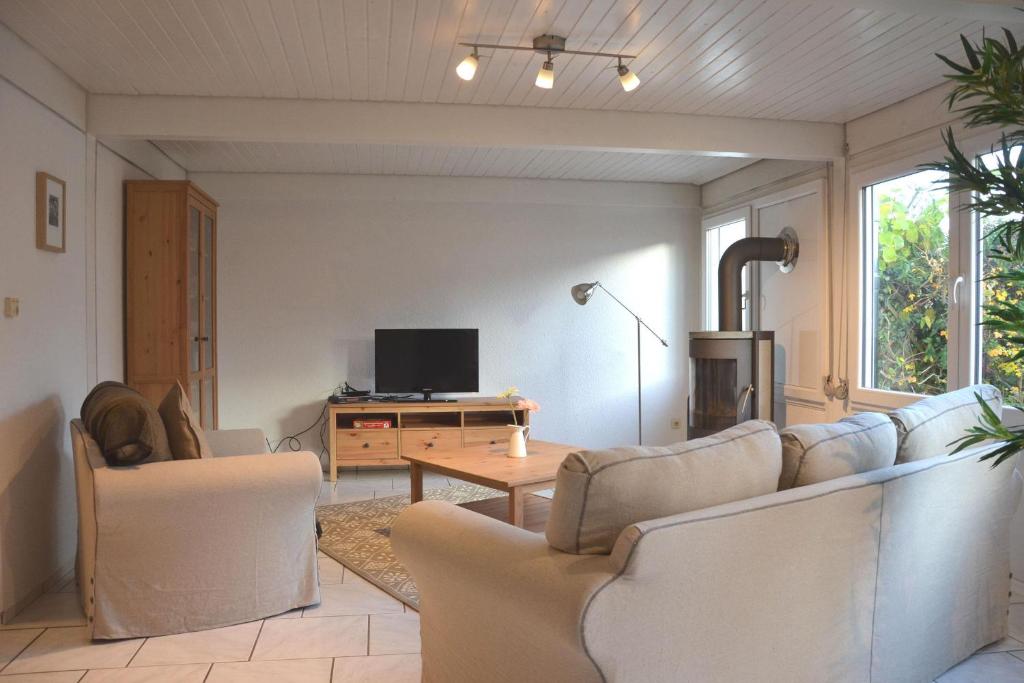 ein Wohnzimmer mit 2 Sofas und einem TV in der Unterkunft Ferienwohnpark Immenstaad am Bodensee Ferienhaus Normannenweg in Immenstaad am Bodensee