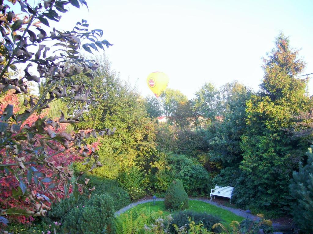 una cometa volando sobre un jardín con un banco en Seebach Vermietung, en Weisendorf