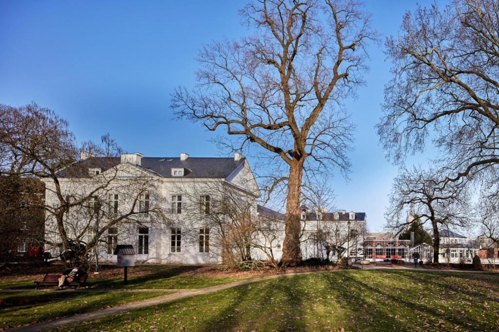 un grand bâtiment avec un arbre en face dans l'établissement Hotel Kronacker, à Tirlemont