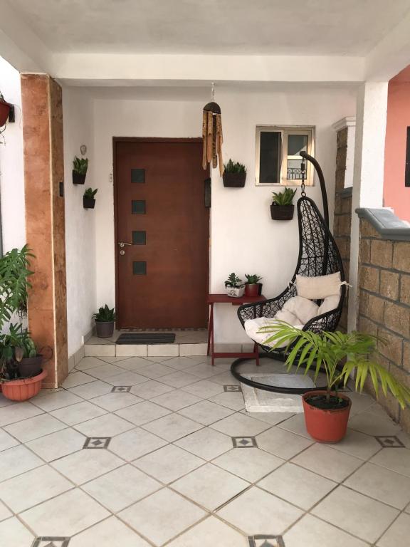 une terrasse couverte à l'avant avec une chaise et des plantes en pot dans l'établissement Habitación Potter, à Cancún