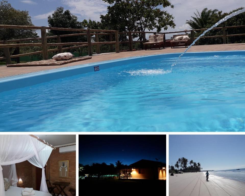 a collage of three pictures of a swimming pool at Vila das Mangabeiras Corumbau in Corumbau