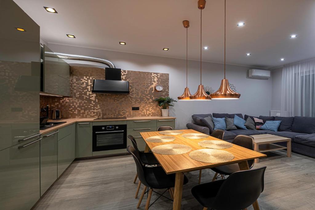 什切尔克Apartament Miedziany的厨房以及带桌子和沙发的用餐室。