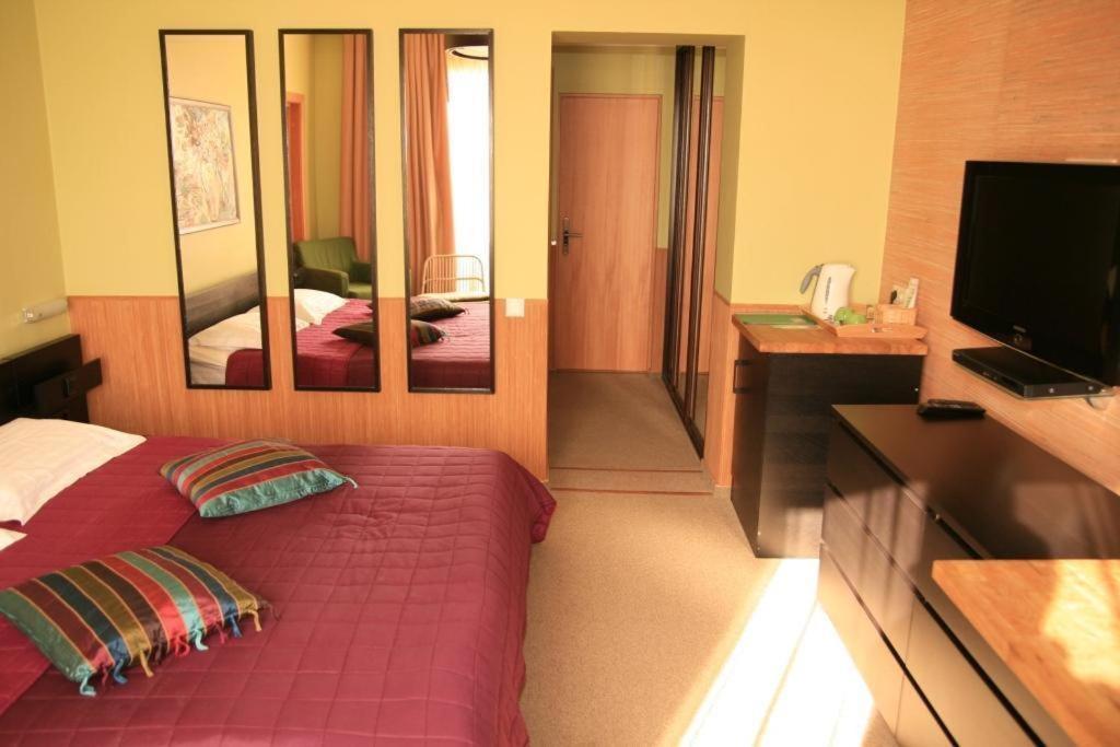 Habitación de hotel con cama y TV en Green Apple, en Nébug
