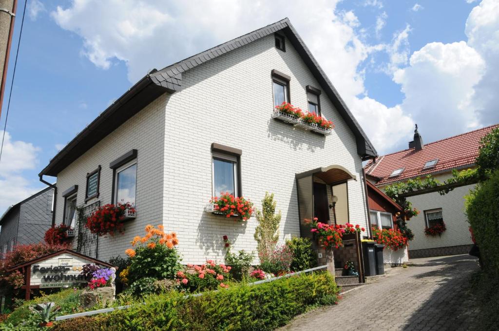 una casa blanca con flores en los escaparates en Ferienwohnung Bradsch, en Ilmenau