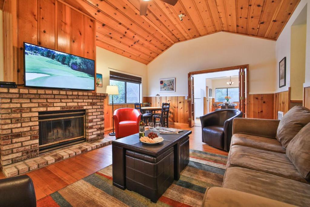 a living room with a couch and a fireplace at Happy Days! Downtown Guerneville! BBQ! Game Room!! Fast WiFi!! Dog Friendly! in Guerneville