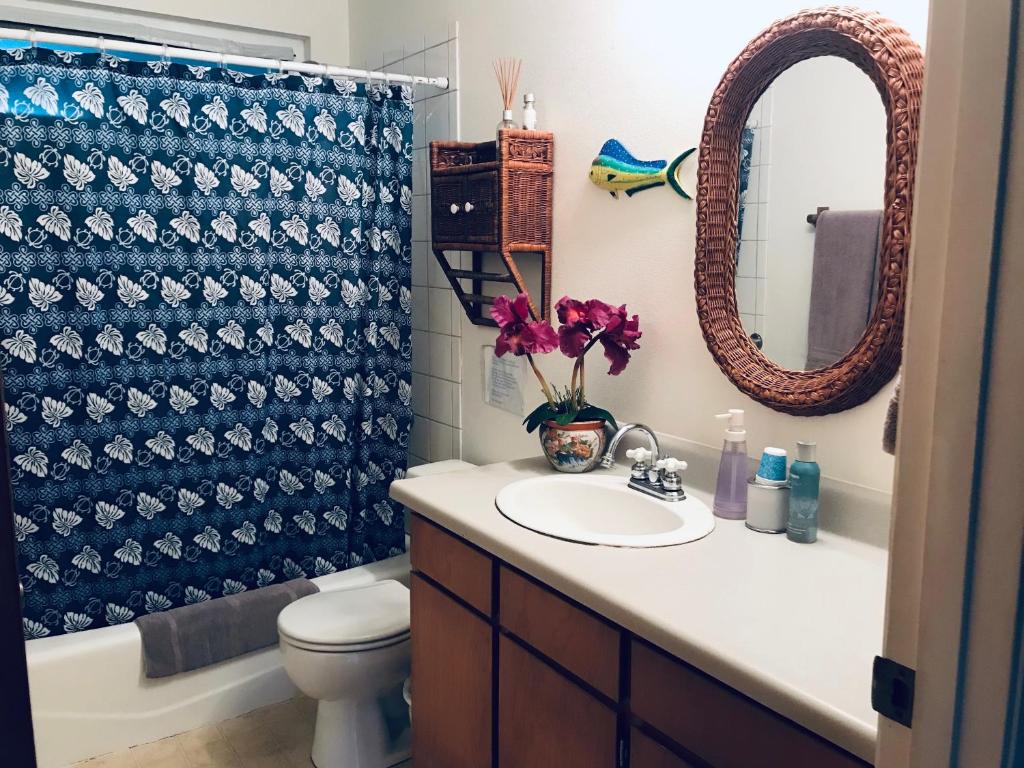 ein Badezimmer mit Waschbecken, Toilette und Spiegel in der Unterkunft Ala Kai Bed and Breakfast in Keaau